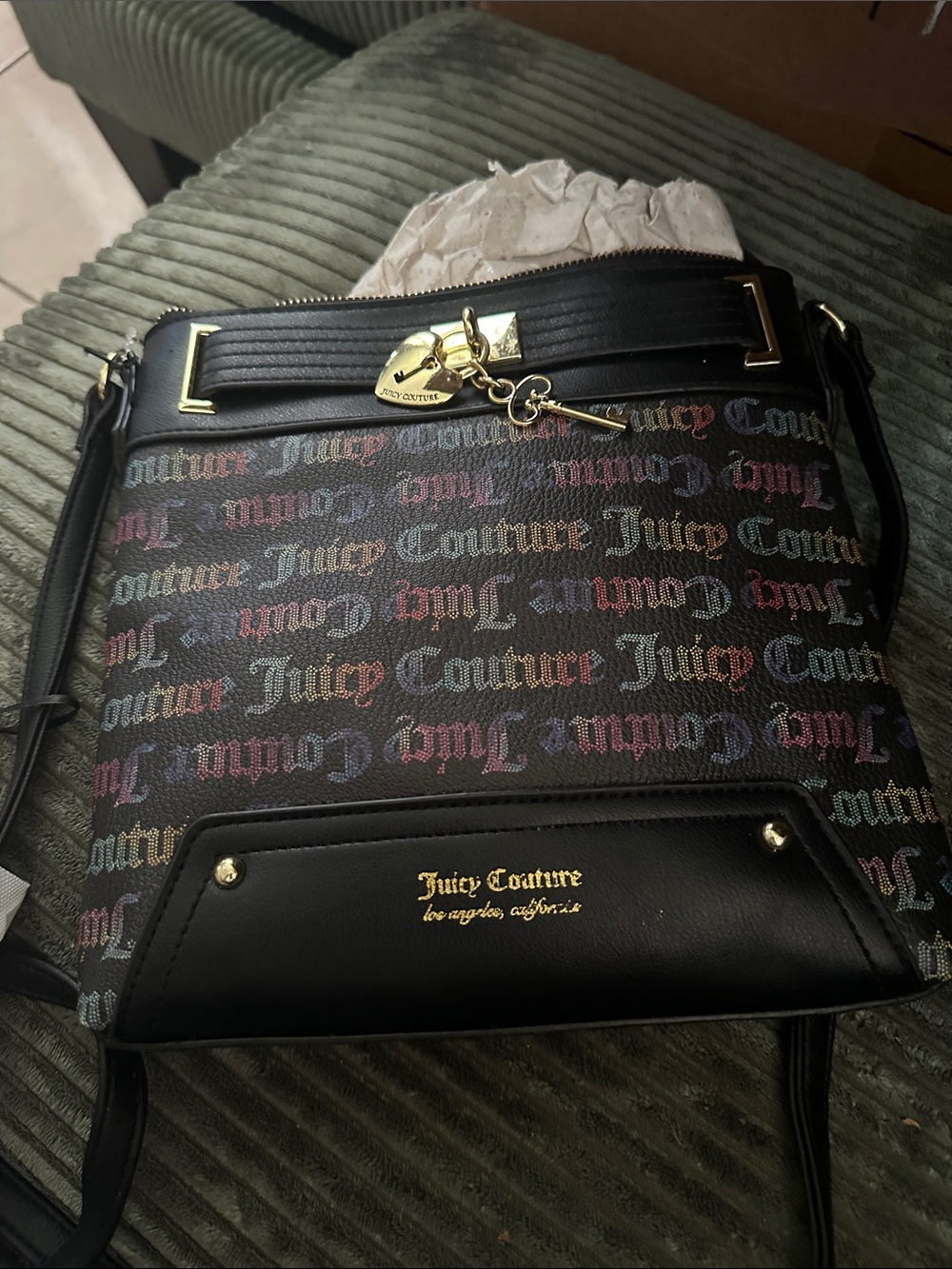 Juicy Couture Black Crossbody Bag with Multicolor Script NWT